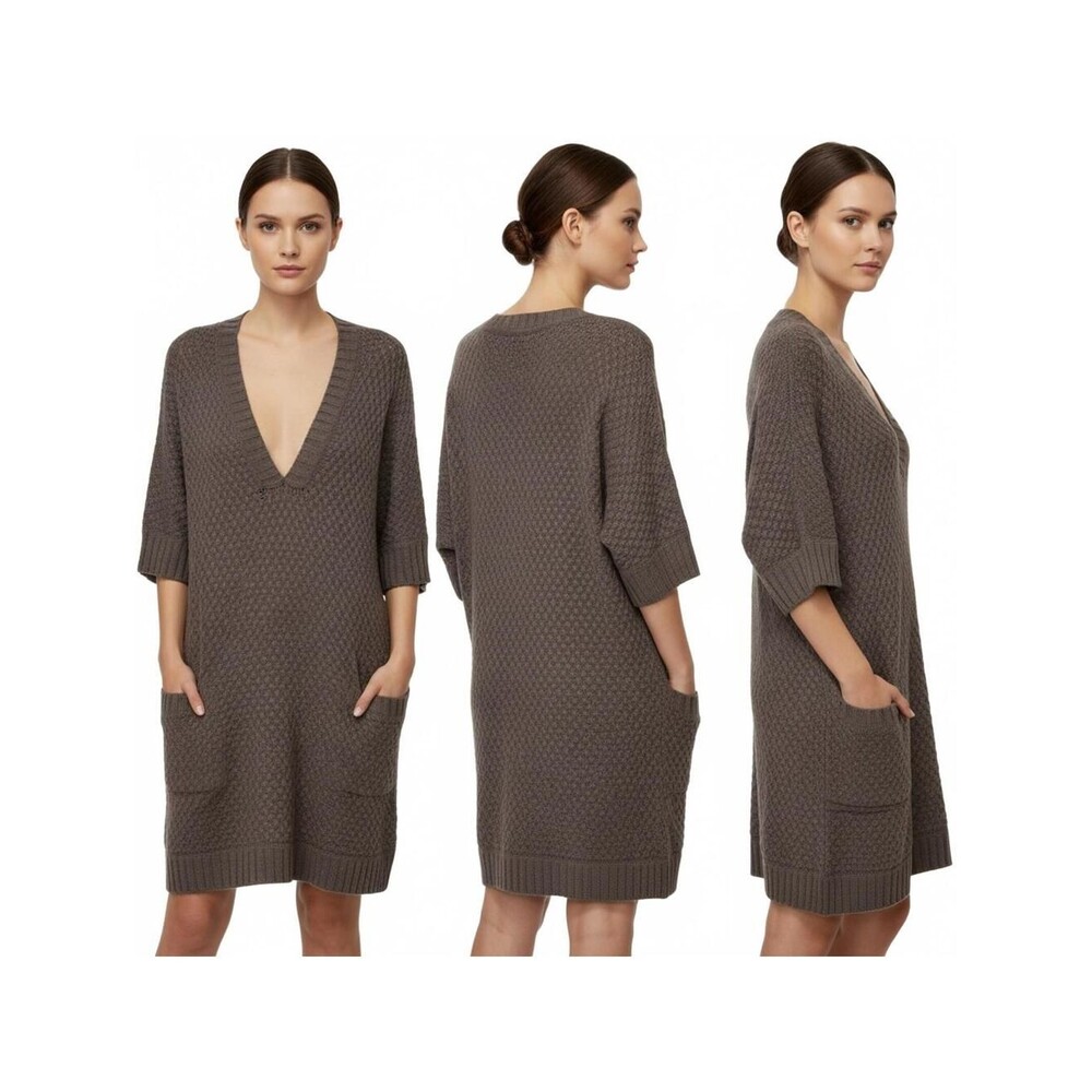 Caslon Sweater Dress Knit Tunic Pockets V-Neck Short Sleeve Brown Casual Size?